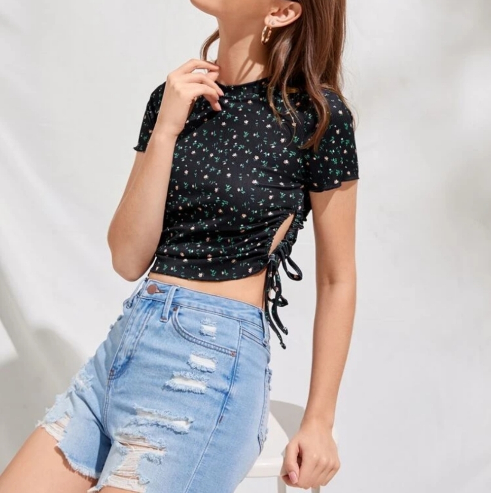Romwe Floral Tie shirt
